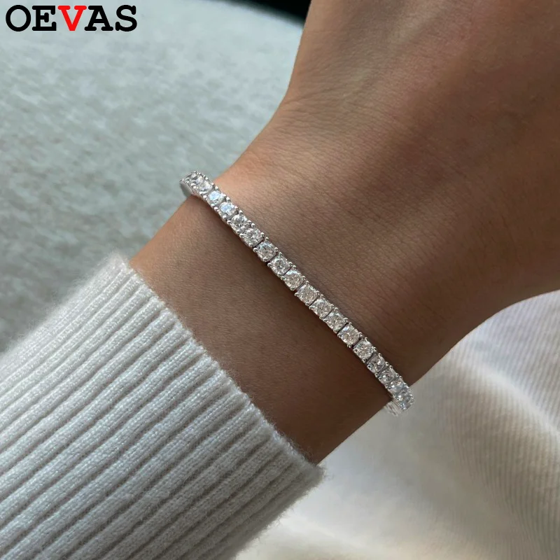 OEVAS 100% 925 Sterling Silver 3mm Created Diamond Gemstone Bangle Charm Wedding Tennis Bracelet Fine Jewelry Wholesale DropShip