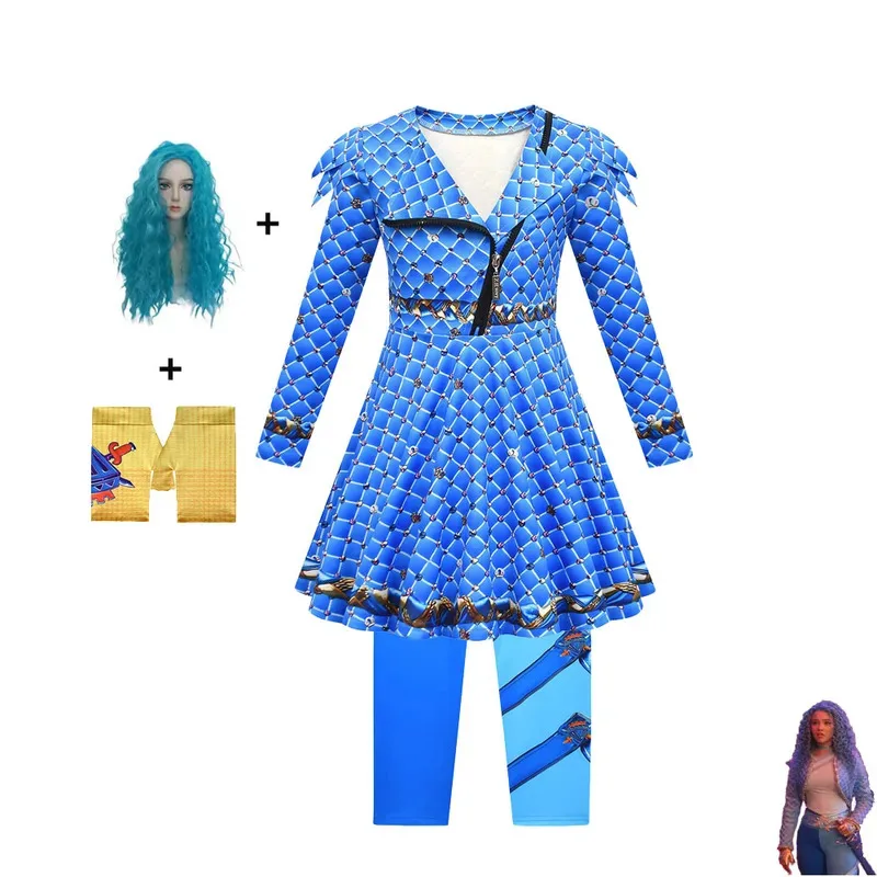 

Kids Descendantsing 4 Costume for Girls Chloe Cosplay Costume Child Fantasia Halloween Clothes Party Fancy Dress+wig 3 PC Suits