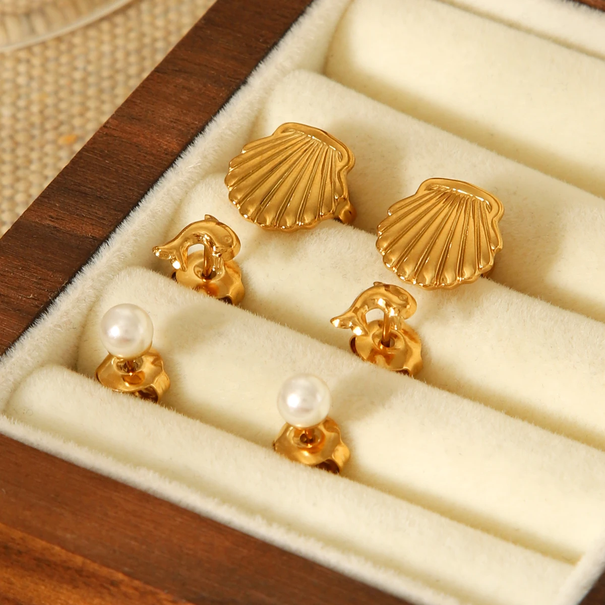 3pc/1set Ocean Element Shell Starfish Dolphin Earring Set 18k Gold Plated Stainless Steel Jewelry Can Be Worn Separately