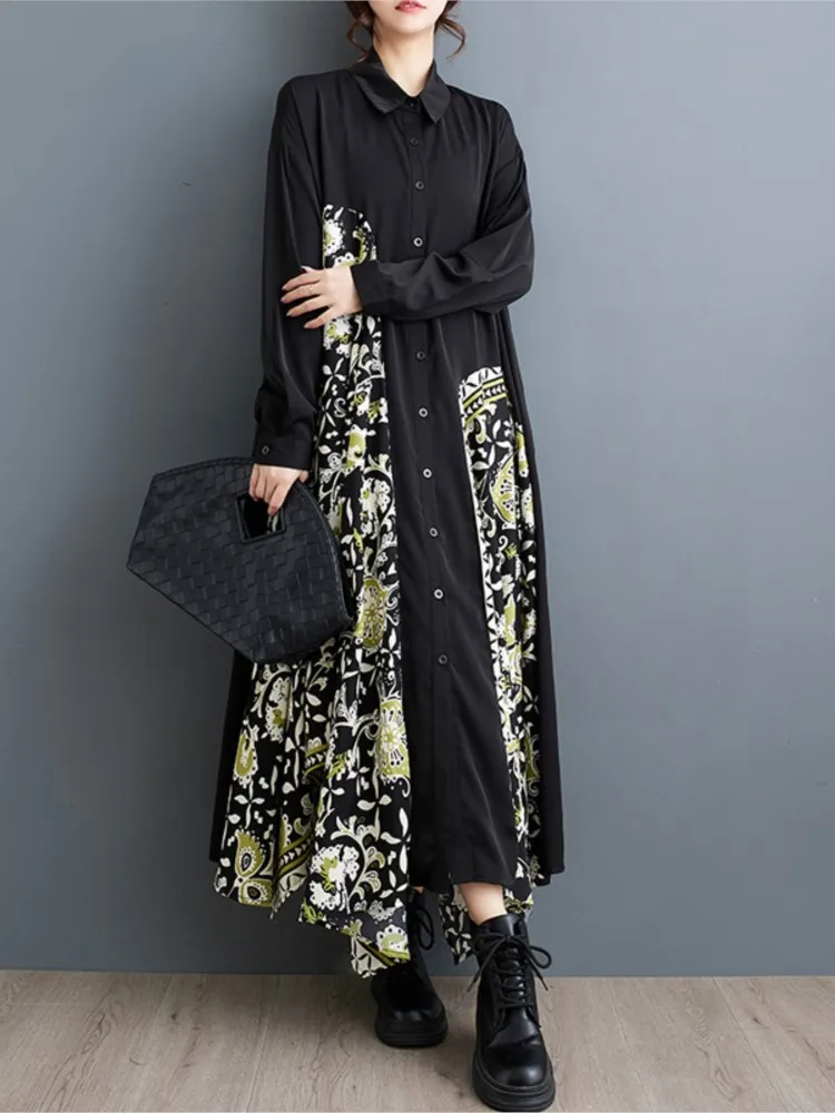 Oversized Spring New Long Shirt Dress Women Irregular Print Modis Patchwork Ladies Dresses Long Sleeve Casual Loose Woman Dress