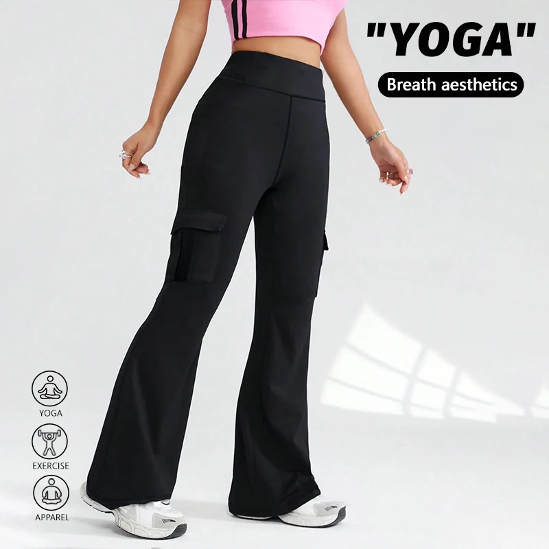 

Женские расклешенные брюки для йоги с высокой талией и карманами, с эффектом утяжки живота, эластичные, мягкие, дышащие, повседневные, для тренировок, спортивные брюки-клеш