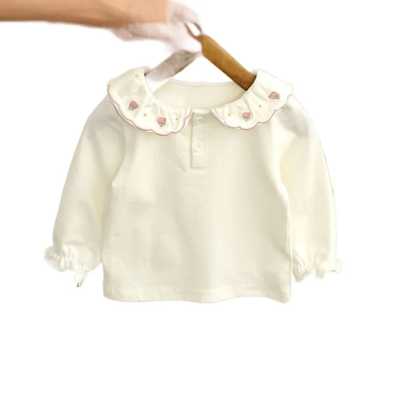 T-shirt Western Style Childrens Personality Trend Korean Version Sweet Embroidery Lace Doll Collar Base Shirt Simple Classic