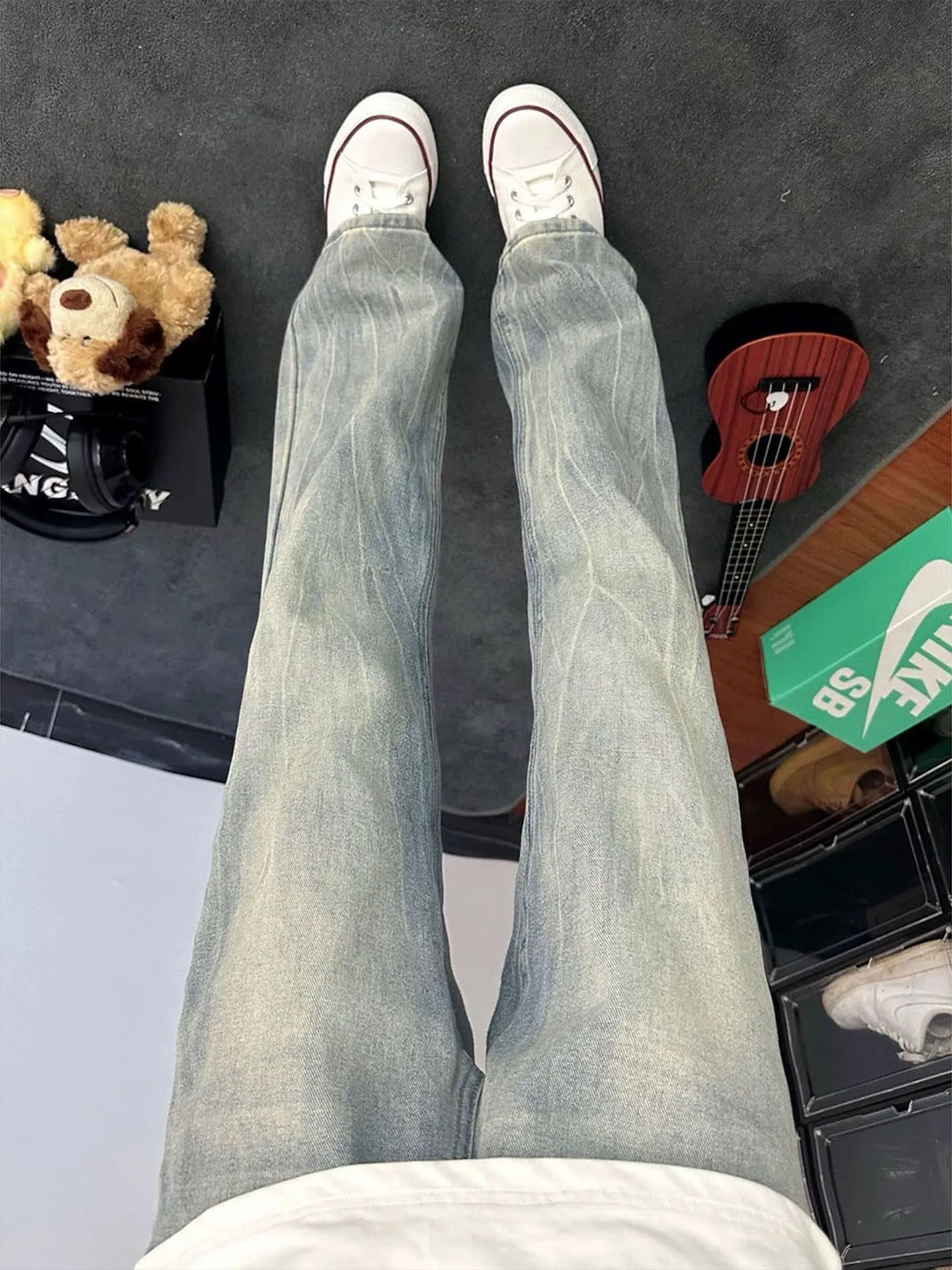 

American High Street Lightning Pattern Jeans Men's OOTD Leg Lengthening Slim Straight Tube Micro Flared Pants Cotton Polyeste...