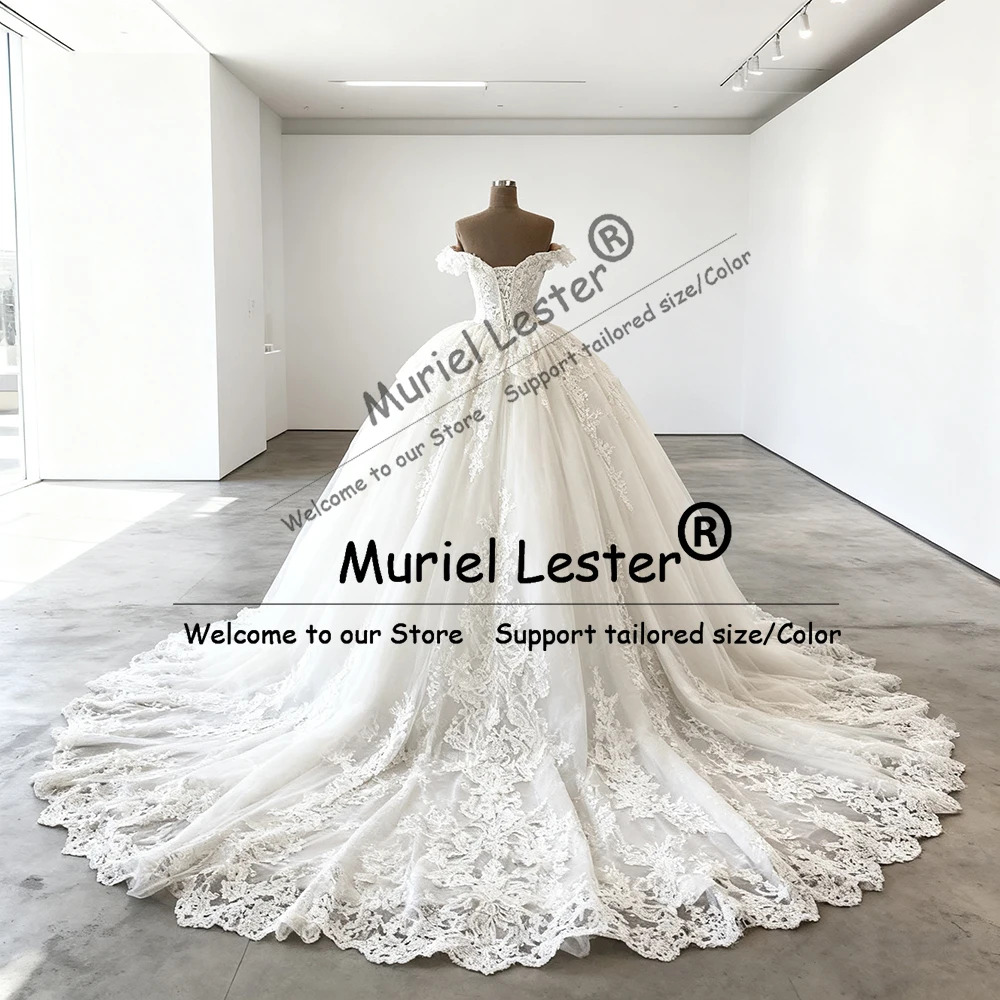 Unique Design Lace Appliques Wedding Dresses With Royal Train Off Shoulder V Neck Bridal Gowns Customized A Line Bride Attire