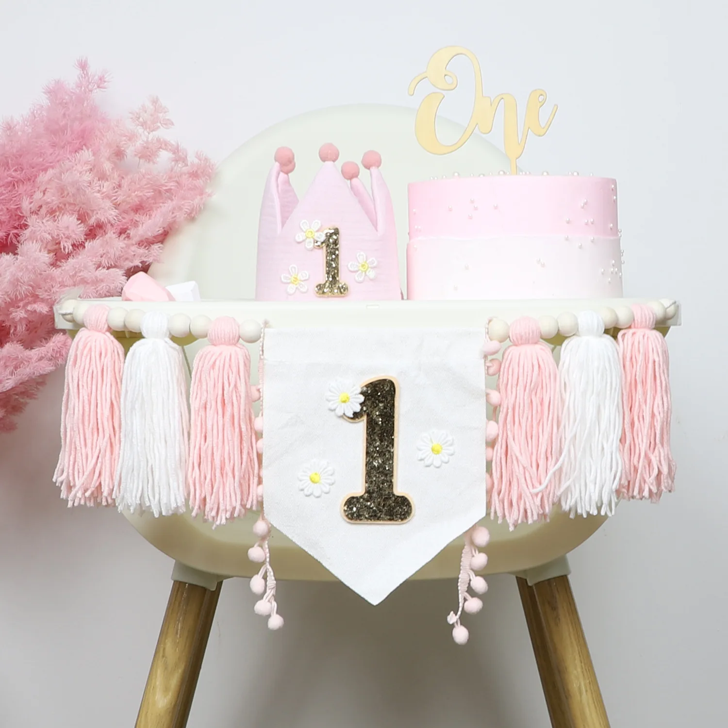 Boho 1. Geburtstag Hochstuhl Banner Rosa Party Dekoration für Mädchen Baby Dusche Wandbehänge dekorativ für Kinder Schlafzimmer – Detail 3