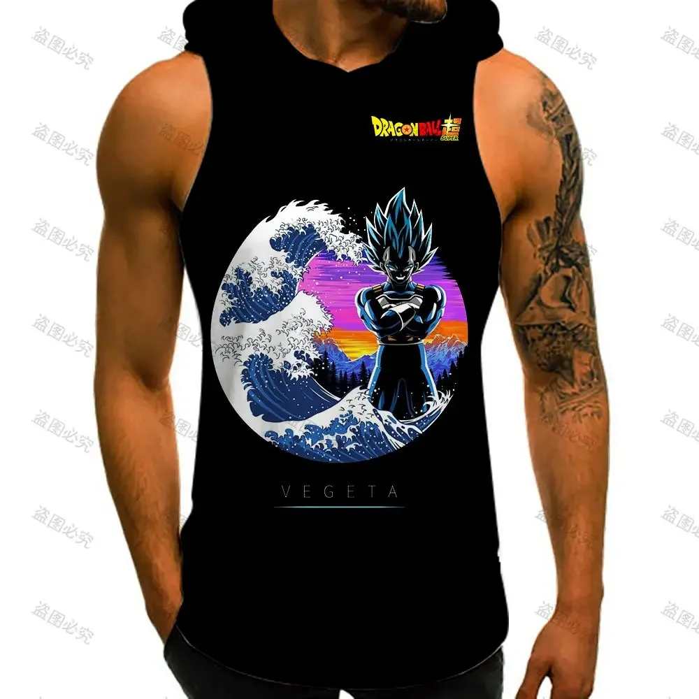 Dragon Ball Z Men\'s Vest With Hood Gym Goku High Street 2024 S-3XL Sleeveless Vests Summer Anime European Size Harajuku Vegeta