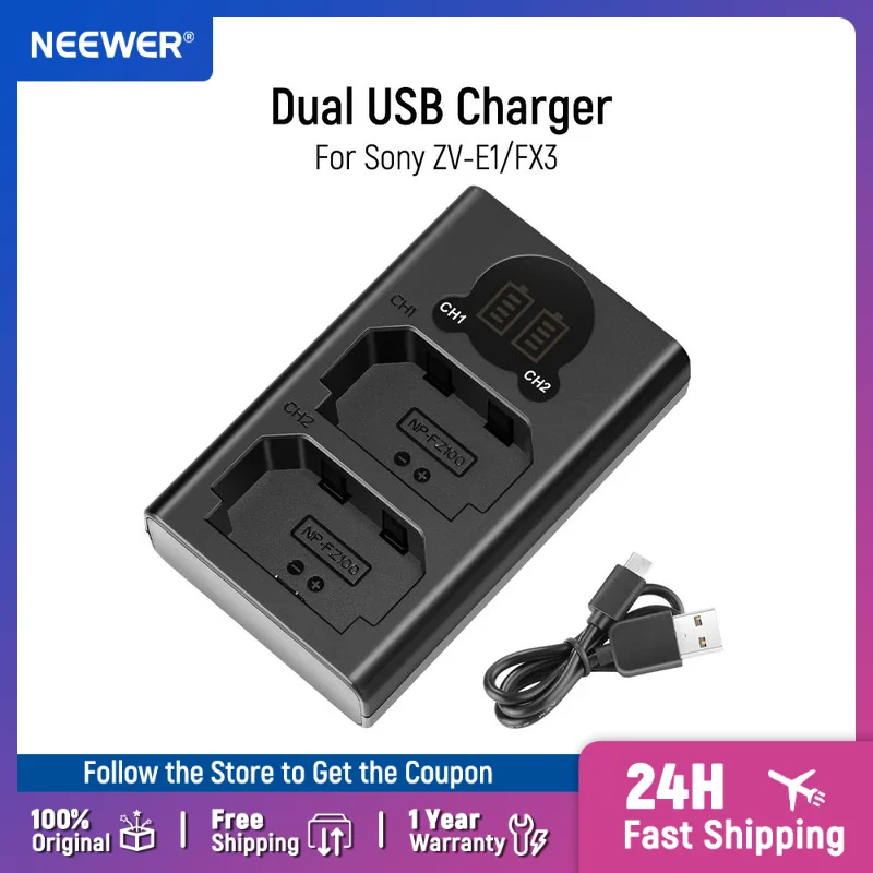 

Neewer Dual USB Charger for Sony NP-FZ100 Battery for Sony ZV-E1, FX3, FX30, A1, A9 II, A7R V, A7S III, A7 IV, A6600, A7C Camera