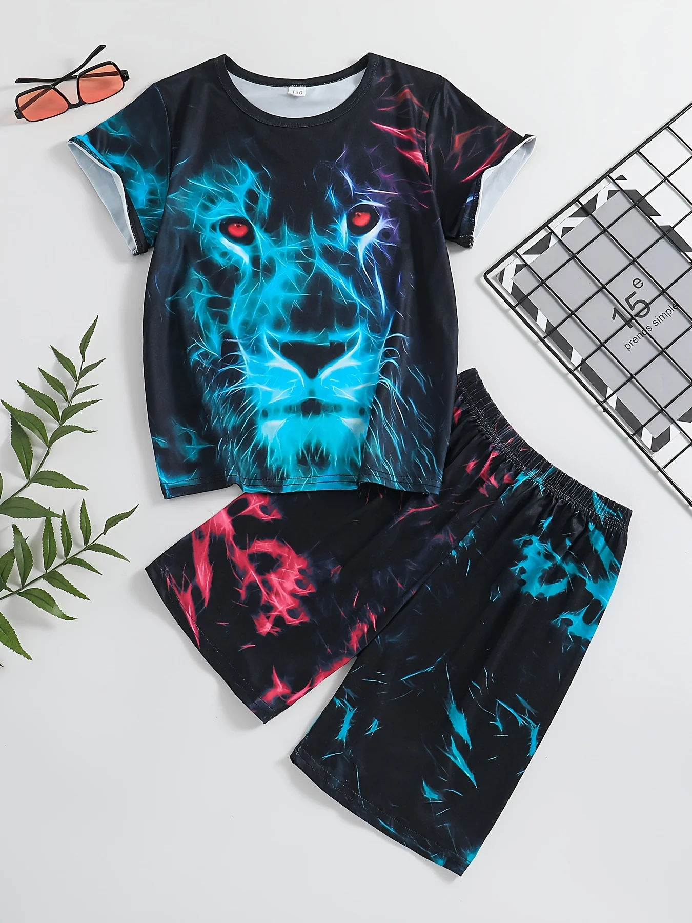 Imitation Glow-In-The-Dark Effect Lion Print Children's T-shirt Set Summer Beach Travel Set Street Sports T-shirt + Sweatpants