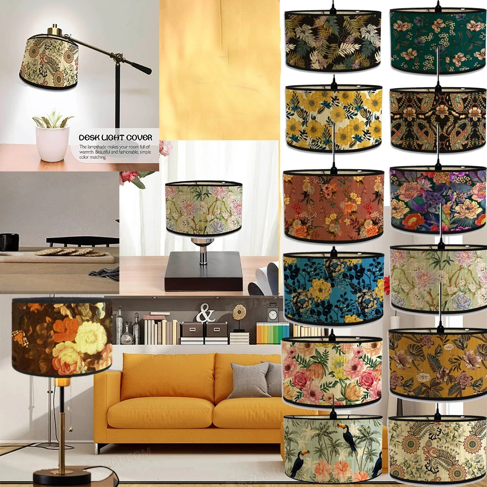 Drum Lamp Shades Vintage Bamboo Lampshade Floral Birds Pattern for Table Floor Lamps Pendant Light Bar Cafe Home Homestay Decor