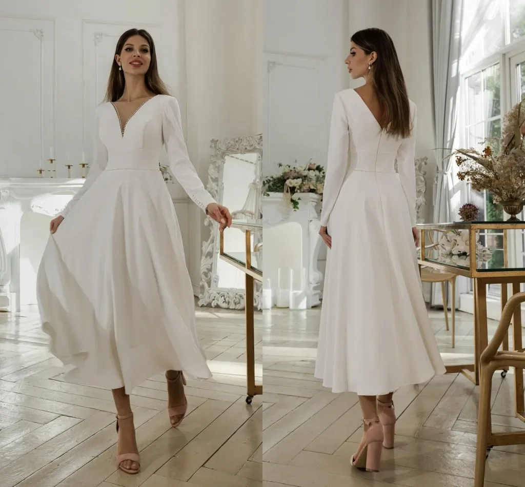 

Elegant Vintage Tea Length modest wedding dress Bridal Dress with long sleeves sexy V-neck Formal Beach Bridal Dress 2024