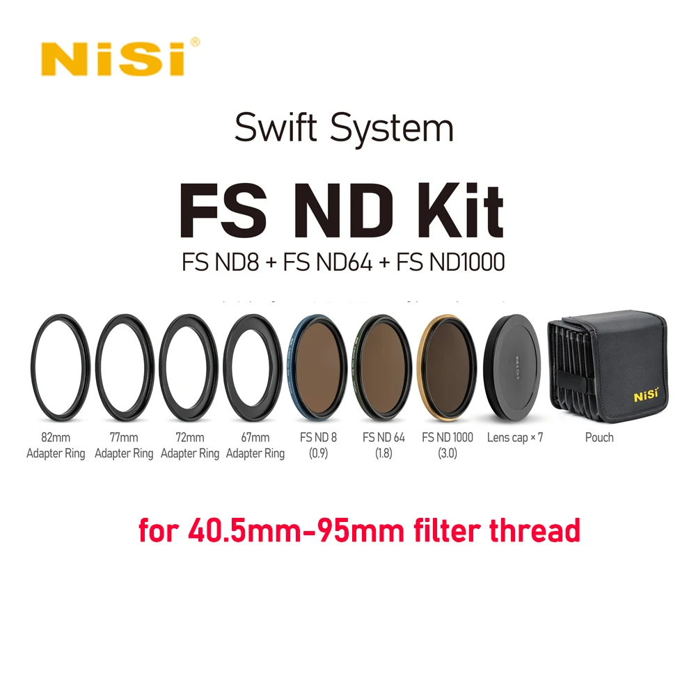 NiSi Swift System FS ND kits, FS ND8+FS ND64+ND1000 3.0+GND0.9+Lens Cap Pouch with 40.5-95mm Adapter Ring For Camera Lens