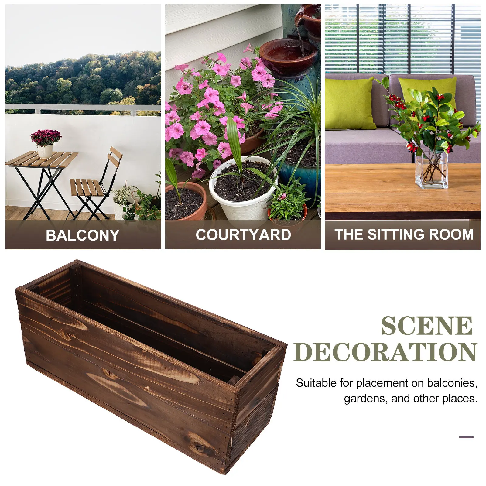 Wood Planter Box Rectangular Balcony Rustic Wooden Flower Pot Outdoor Succulent Plant Container Wooden Garden Planter view 5