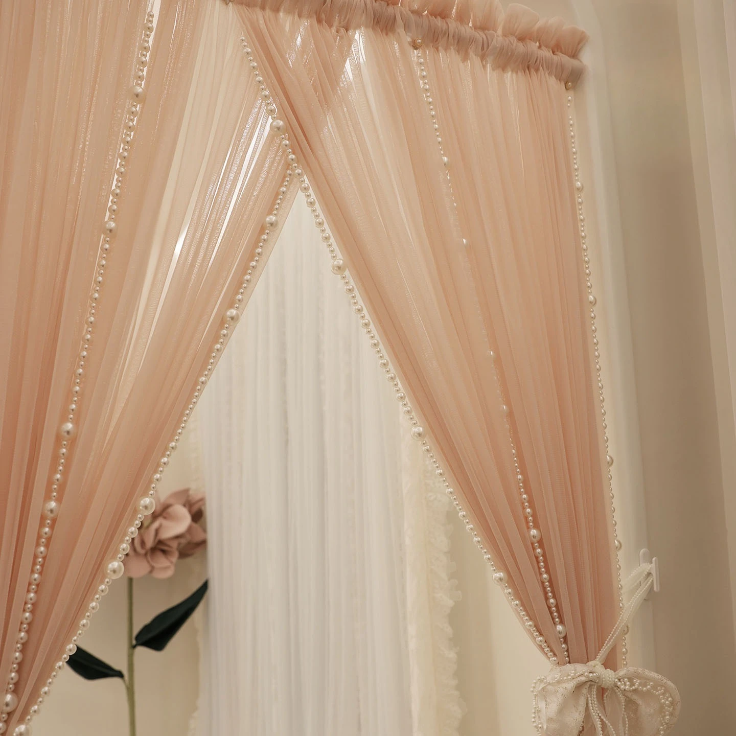 No-drill French Cream Velcro Door Curtain, Blue Pink Beige Privacy Divider, High-bright Pearl Room Screen Panels for Home Decor.