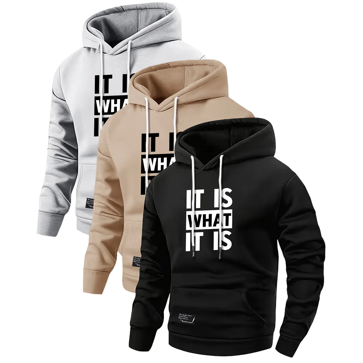 3-Piece Men's Hooded Sweatshirt, Loose Fitting Autumn and Winter Letter Printed Pullover with Outerwear, Casual and Sporty Minimalist Top, Suitable for Activities Such as Home, Outdoor Sports, Hiking, Travel, Vacation, Etc
