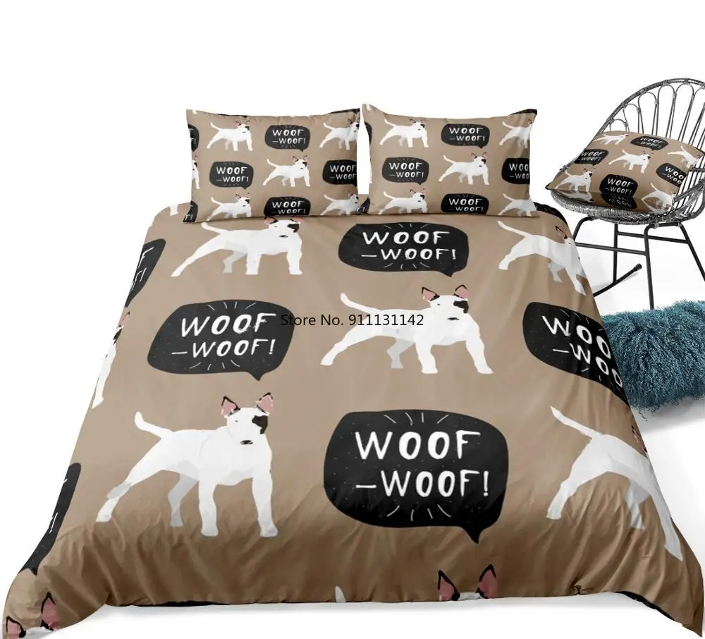 3 Pieces Bull Terrier Duvet Cover Set Cartoon Bull Terrier Dog Bedding White Dog Quilt Cover Queen Bed Set White Pet Dropship