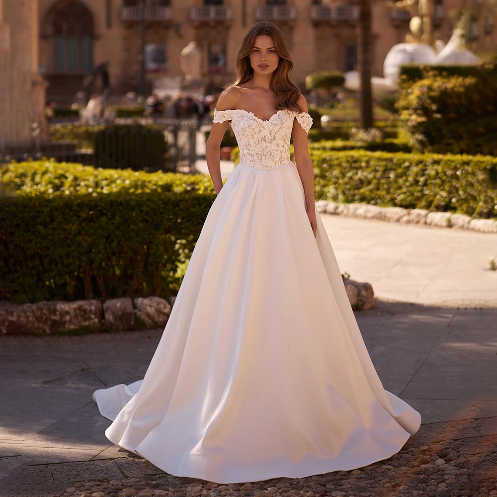 فستان زفاف أنيق بدون أكتاف من الساتان دانتيل على شكل حرف a بدون ظهر فستان زفاف طويل للأميرة مع ذيل مصنوع حسب الطلب رداء السهرة #1