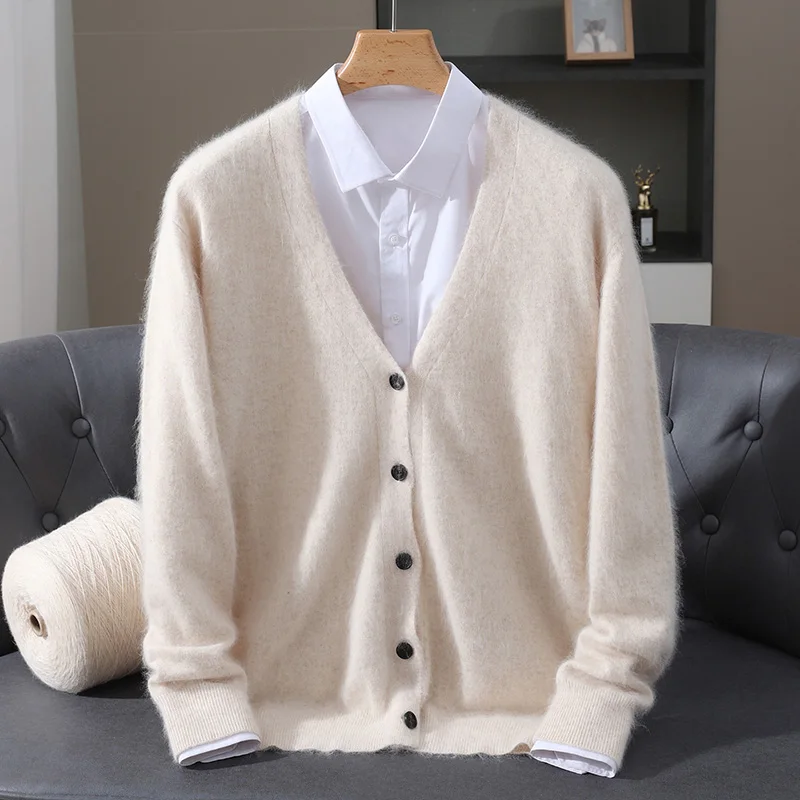 Knitted Cardigan Men's Autumn and Winter New 100% Mink Wool Sweater men's V-neck Business Casual Solid color knitted Basic Shirt