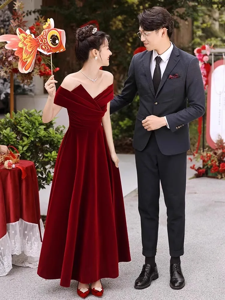 

Velvet Bridal Dinner Dr One oulder Slimming Red Wedding Engagement Return Home Ele Evening Gown Korean Sle Long Skirt