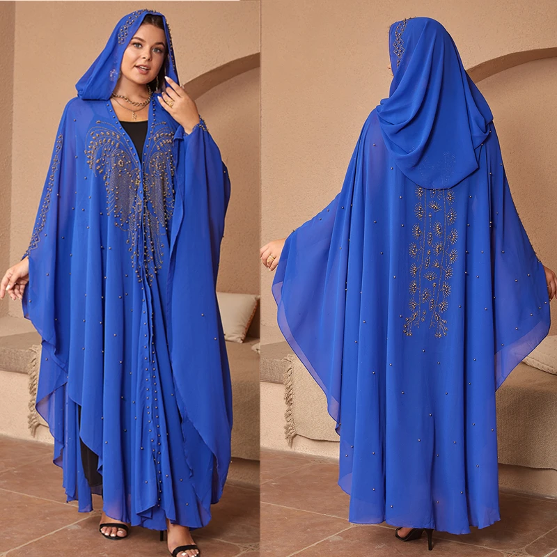 African Fashion Abaya Design Bazin Chiffon Long Sleeve Dashiki Dress For Women Muslim Beads Diamond Hood Kaftan Free Size Robe