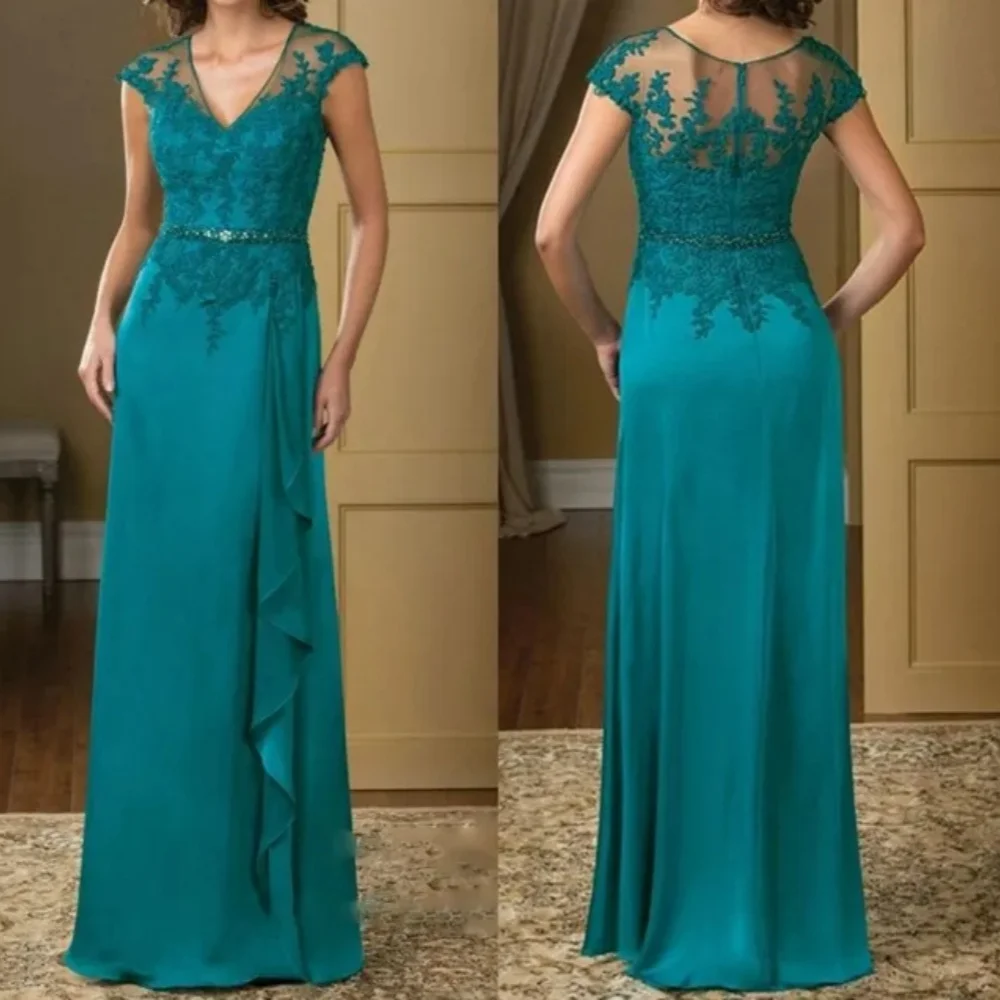 Turquoise A Line Evening Gown V Neck Lace Appliqué Chiffon Mother of the Bride Gown Custom Mother Beaded Godmother Gown