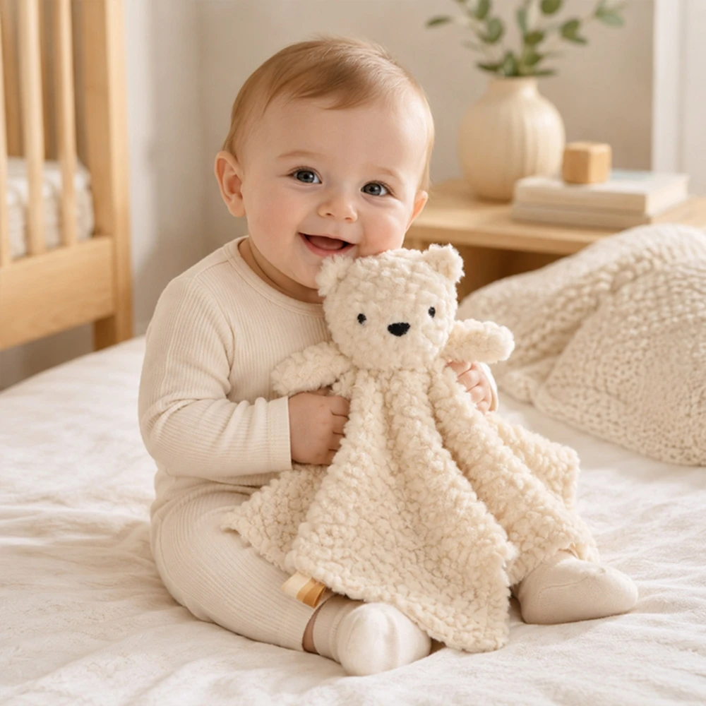 Plush Bear Baby Security Lovey Blanket Soft Fluffy Comforter Soothing Toy BPA‑Free Chewable Sensory Toy Newborn Shower Gifts