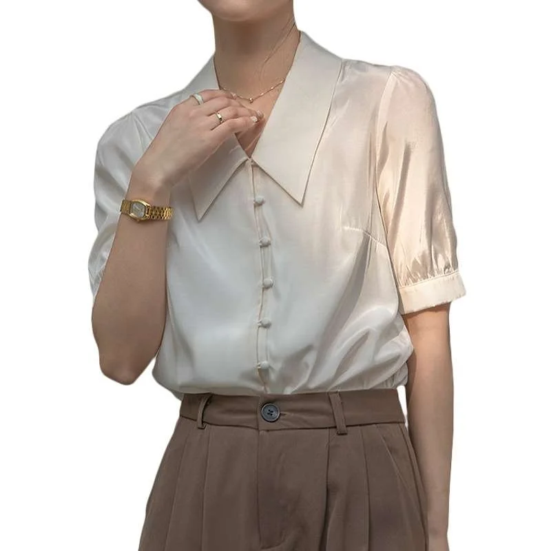 

New Women's ort Sve irt Cleanfit Sle Bubble Sve Puff Sv Design Thin Material Flip Collar Pure Color Spring Faion