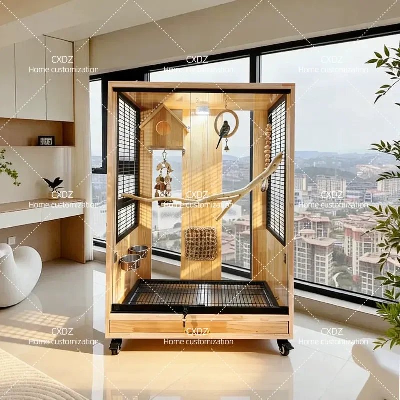 Luxury Solid Wood Parrot Bird Cage Splash Proof Villa for Macaw Monk Parakeet Small Golden Sun Conure Large Pet House