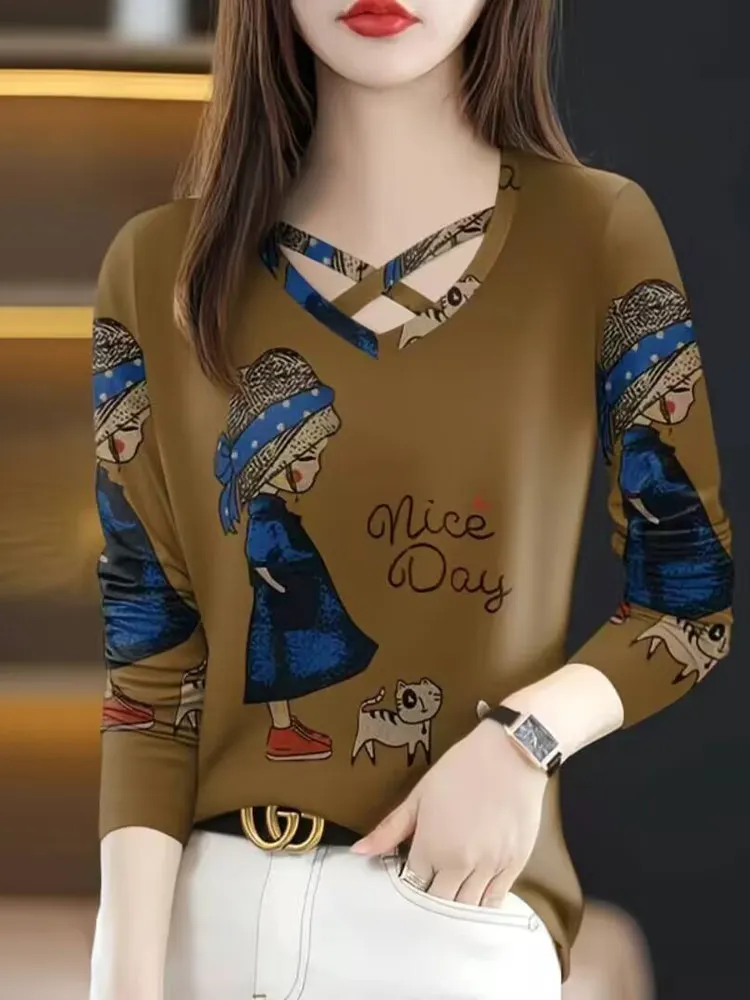 Women's Cross Neck Long Sleeve T-Shirt Thin Printed Base Shirt Large Size Cover Belly Outdoor Wear Casual Style V-neck Top