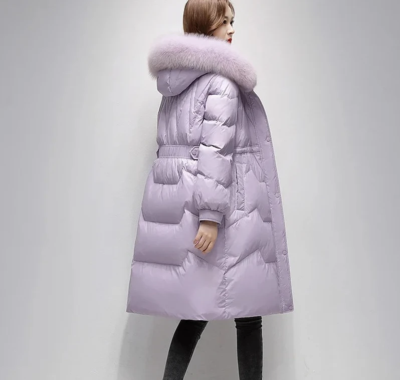 صديقة للبيئة المرأة منتصف طول أسفل سترة طوق الإفراط في الركبة الأبيض بطة ريشة ملابس خارجية نمط تخفيف أنيق #3