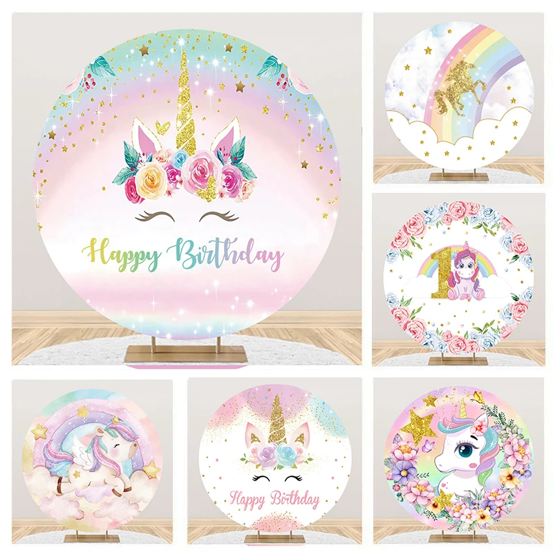 

Laeacco Unicorn Round Backdrop Cartoon Unicorn Floral Rainbow Glitter Stars Sky Kids Birthday Portrait Photography Background