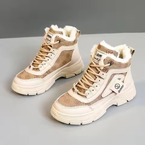 New 2024 Winter Patchwork Womens Boots Fleece Warm Middle Platform Shoes Winter Snow Boots Casual Warm Outdoor Ankle Boots