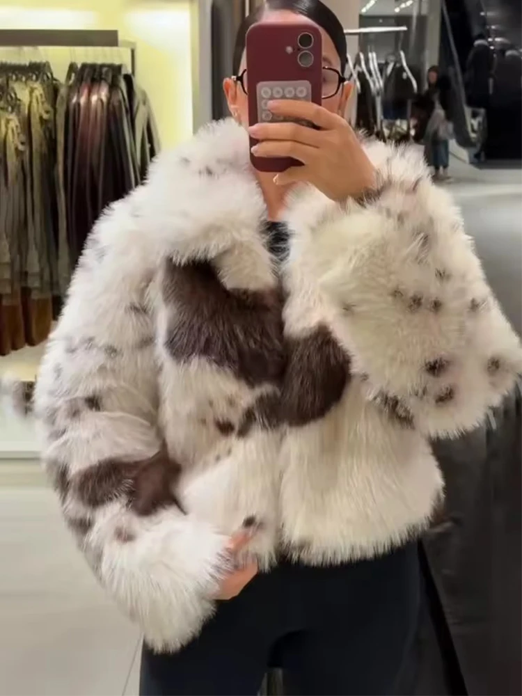 

Женская меховая куртка для отдыха, осень-зима 2021, новое пальто с длинными рукавами и меховым воротником с принтом, женская шикарная короткая верхняя одежда