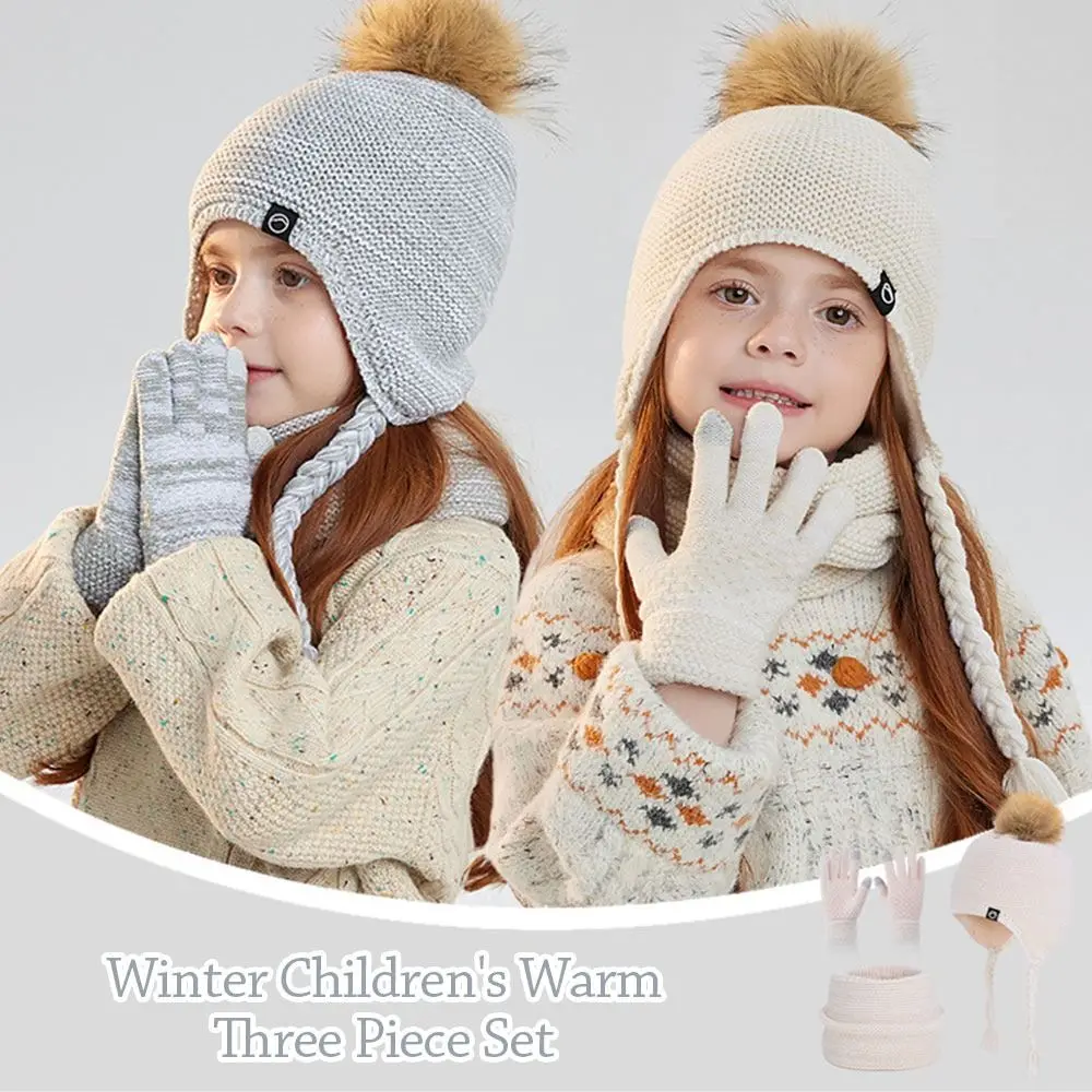 Fashion Warm Winter Hat Scarf Gloves Set Thicken Pompom Knitted Hats Windproof Soft Toddler Bonnet