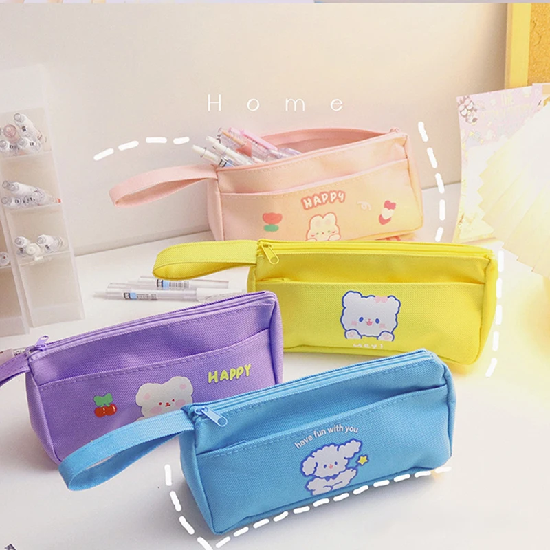 Candy Color Rabbit Print Canvas Pen Bag Happy Fun Animal Pattern Pen Pouch Students Writing Supplies