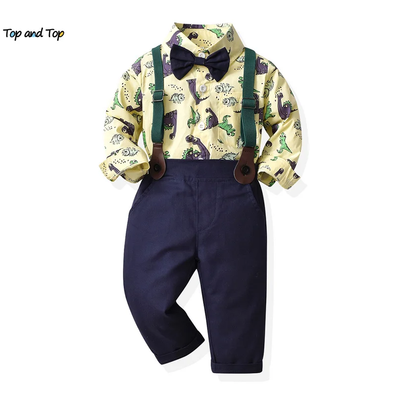 

top and top Spring Autumn New Kids Boys Gentleman Clothing Sets Long Sleeve Bowtie Cartoon Shirts+Suspenders Pants Casual Outfit