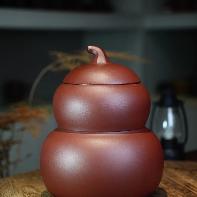 Double-layer gourd large tea can, mud painted waking tea can, ceramic sealed can, moisture-proof household tea can
