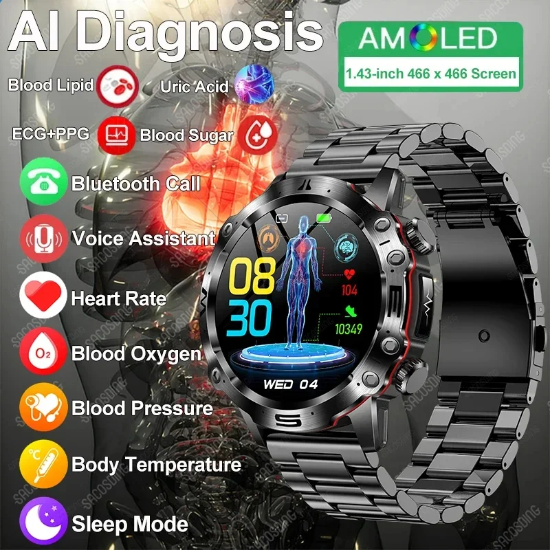 

2024New Blood Lipids Uric Acid Health Smart Watch For Men ECG+PPG Fitness Tracker Clock Bluetooth Call Sport Altitude Smartwatch