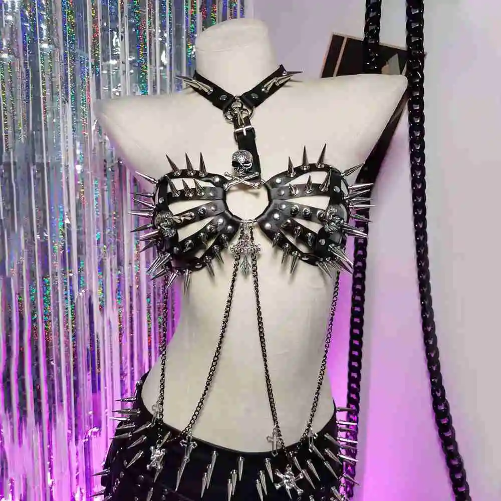

Cross Grunge Chain Emo E-Girls Punk Rock Skull 2025 Pu Leather Harajuku Goth Gothic Spike Studded Rivet Y2K Halter Camisole TOPS