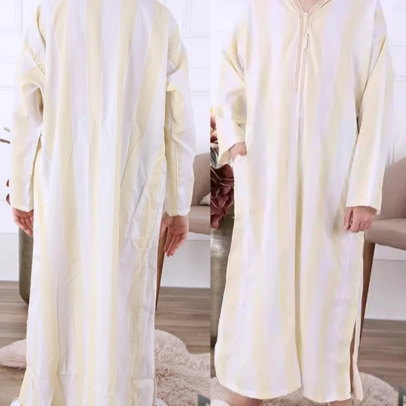 634C Mens Listrado Muçulmanos Robe Muçulmanos Roupas Árabe Saudita Robe Mangas Compridas Kaftan Thobe Moletom Com Capuz Médio