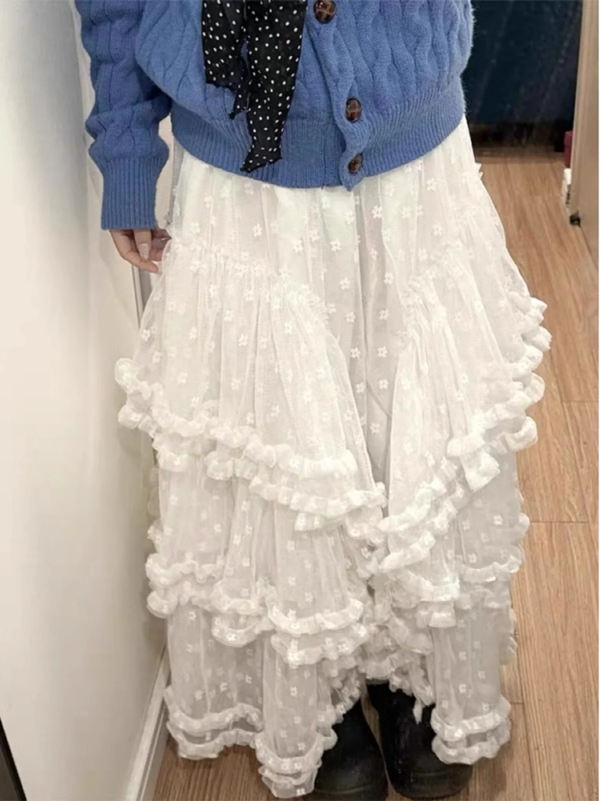 Large Size White Heavy Embellished Asymmetrical Net Half Skirt Women's Early Spring High Waist Long Cake Skirt Korean Style