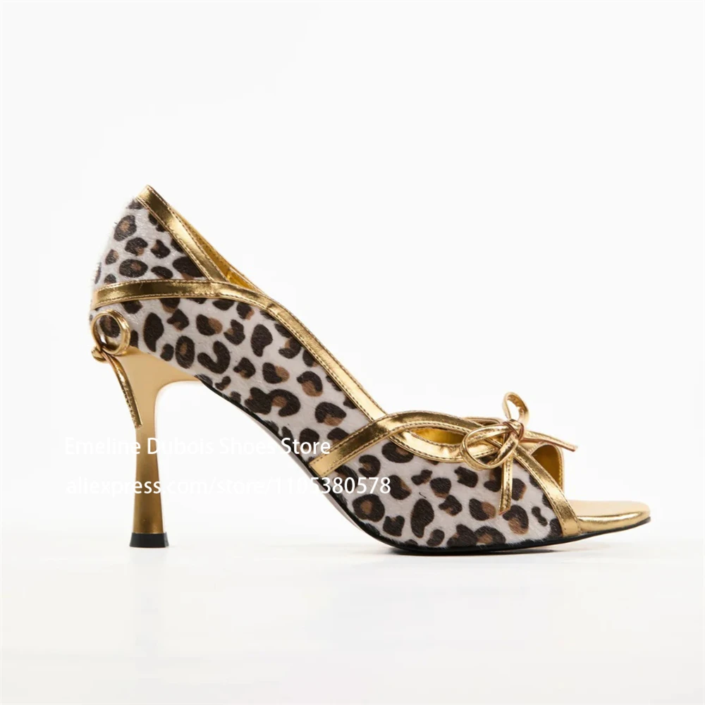 

Leopard Suede Bow High Heels Pumps Slip on Gold Metal Trim Peep Toe Stilettos Sandals for Party Club Women Sexy Summer Shoes