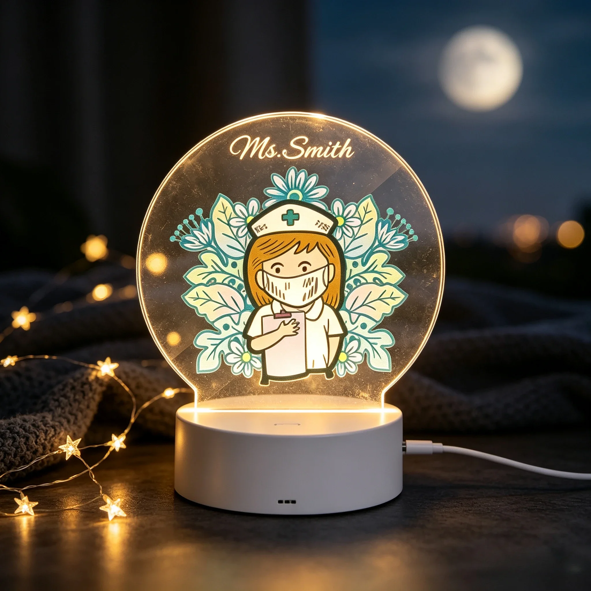 Custom Name LED Acrylic Night Light, Cartoon Nurse Floral Pattern USB Touch Lamp Nurse Day Appreciation Gift