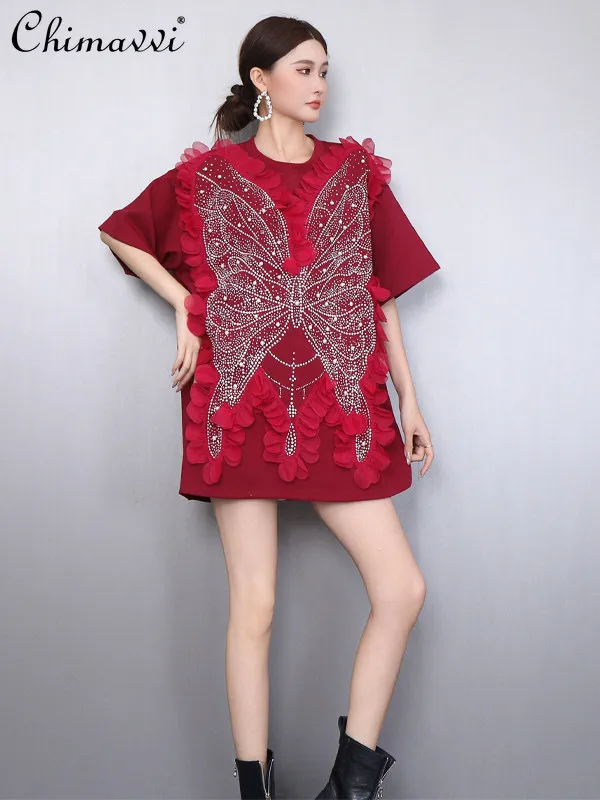 

Luxury Red Butterfly Hotfix Rhinestone T-shirt Women Summer Fashion Short Sleeve Heavy Embroidery Loose Mid-length T-shirt Dress