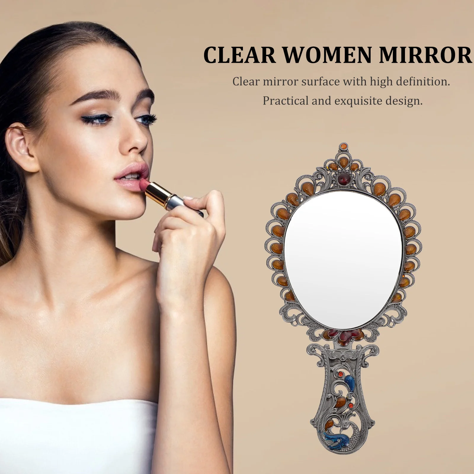 1Set Compacte Vintage Reliëf Pauw Spiegel Kam Opvouwbare Make-up Handheld Mini Draagbare Make-up Spiegel Metalen Tool Gift