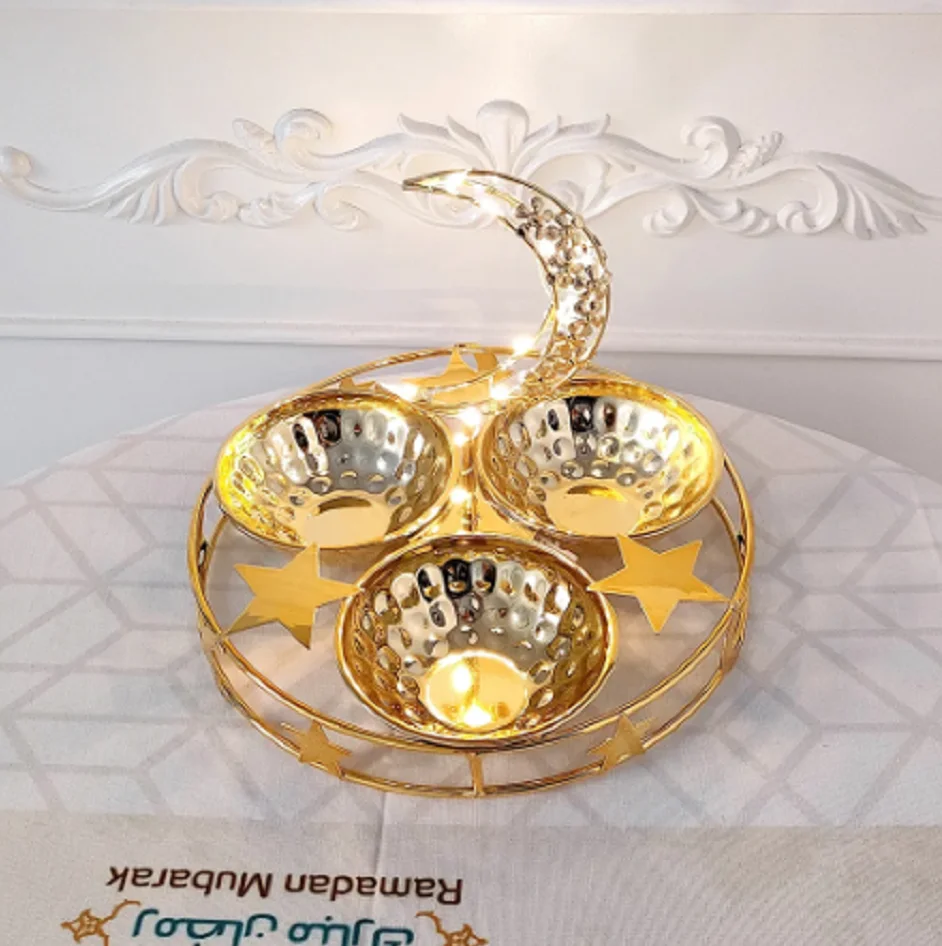 Eid Mubarak Metal Gold Nuts Tray With Light Ramadan Decor for Home Eid Al Adha Islamic Ramadan Kareem Muslim Festival Ornament