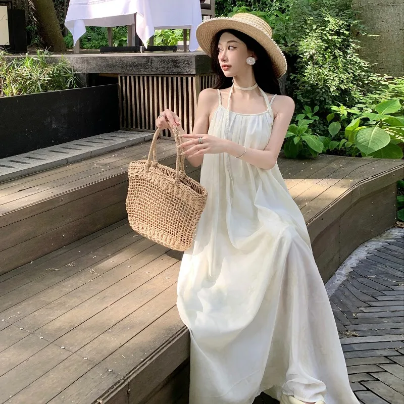 

Holiday Style Sling Beach Summer Dress for Women Vacation Loose A-line Sundress One Piece Elegant Simple Popular Long Robe New