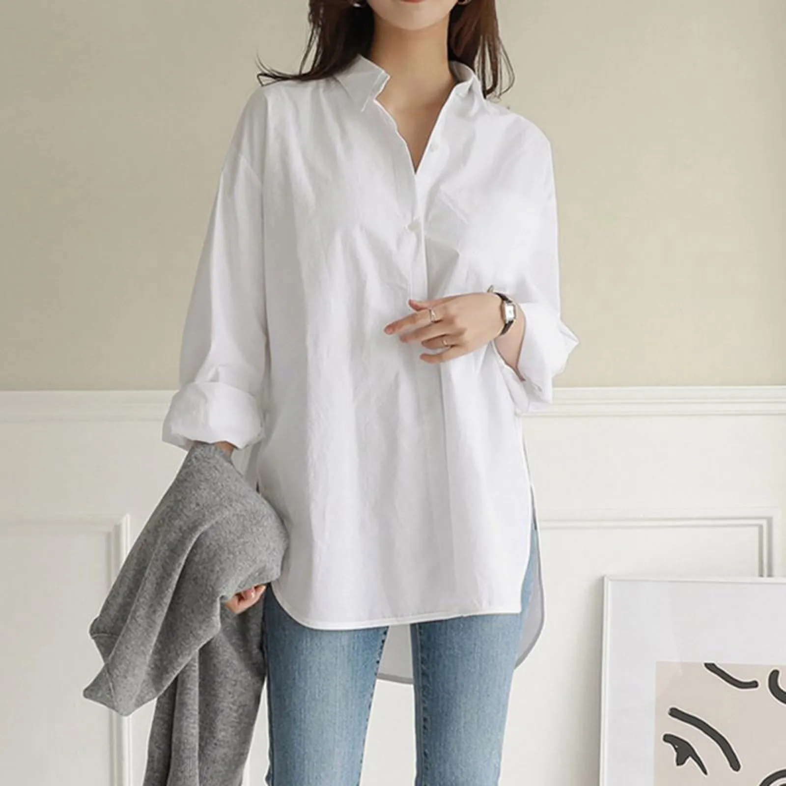 

Fashion Casual Women Long Blouse WIth Buttons Oversize Loose V-Neck Long Sleeve Solid Shirts Office Ladies Elegant Business Tops