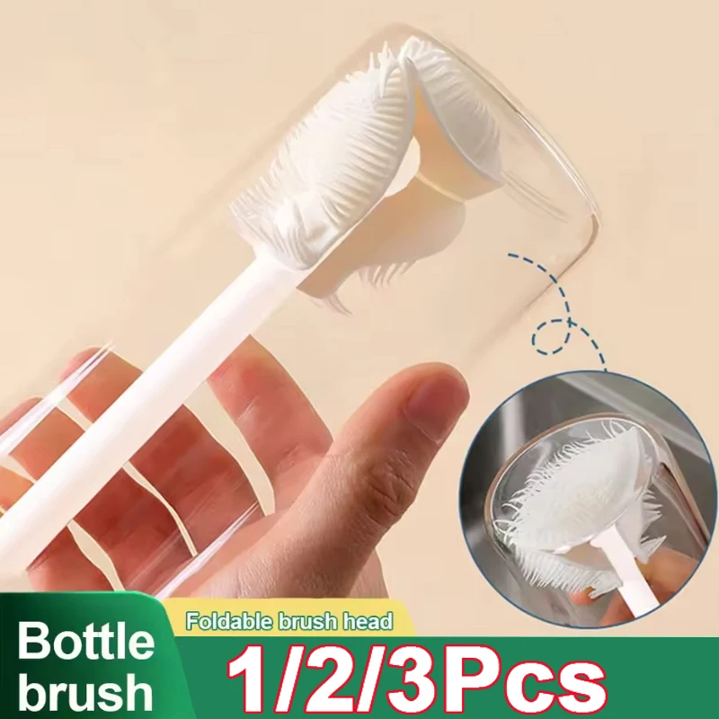 1/2/3pc Detachable Silicone Cup Brush Long Handle Folding Head Glass Bottle Cleaning Brush Multifunctional Kitchen Cleaning Tool