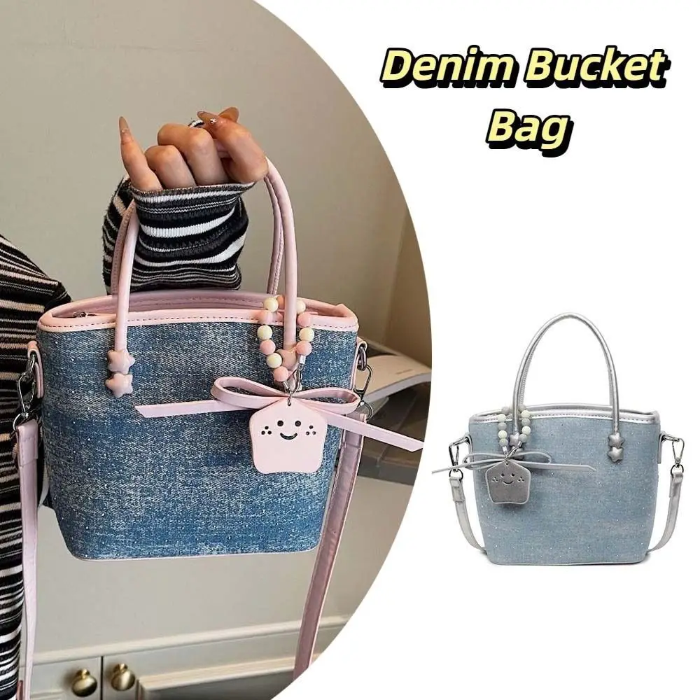 

Casual Minimalist Denim Bucket Bag Elegant Rhinestone Korean Crossbody Bag with Pendant Color-Block Women 's Handbag Girls
