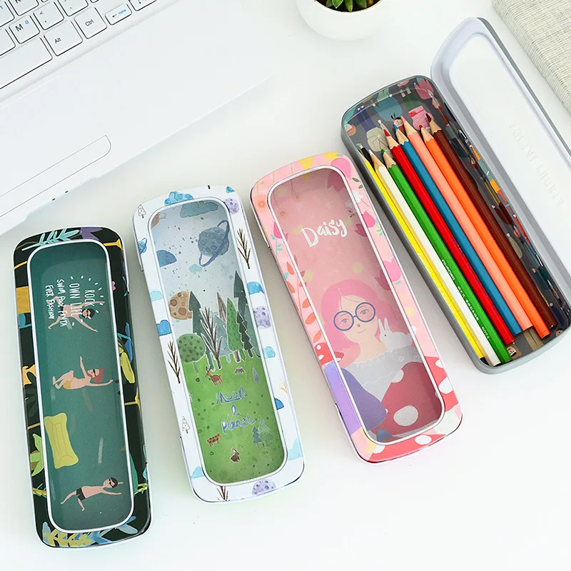 Window Opening Student Pencil Case Cute Tin Pen Box Stationery Holder Desk Organizer School Supplies Storage Accessories Forest